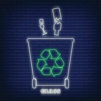 Glass recycling waste sorting container icon glow neon style, environmental protection label flat vector illustration, isolated on black.