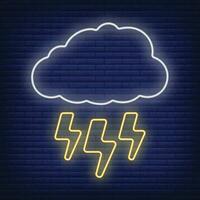 Cloud with lightning thunderstorm icon glow neon style, concept weather condition outline flat vector illustration, isolated on black.