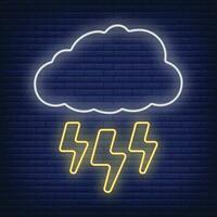 Cloud with lightning thunderstorm icon glow neon style, concept weather condition outline flat vector illustration, isolated on black.