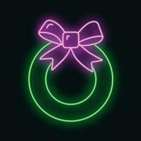 Concept christmas wreath icon green neon glow style, happy new year and merry christmas flat vector illustration, isolated on black.