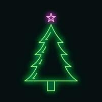 concepto Navidad abeto árbol icono con estrella verde neón resplandor estilo, contento nuevo año y alegre Navidad plano vector ilustración, aislado en negro.