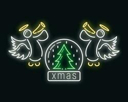 Concept happy new year and merry christmas neon glow style icon, xmas label holiday winter time flat vector illustration, isolated on black.