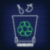 Organic recycling waste sorting container icon glow neon style, environmental protection label flat vector illustration, isolated on black.