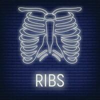 Concept thoracic cage ribs bone icon glow neon style, skeleton part organism, roentgen human body image isolated on black., flat vector illustration.