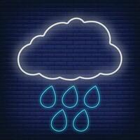 Cloud with rain icon glow neon style, concept weather condition outline flat vector illustration, isolated on black. Brick background.