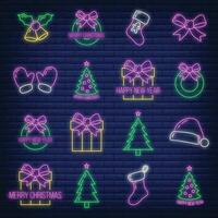 Concept set of christmas 16 icon, neon glow style, happy new year and merry christmas flat vector illustration, isolated on brick black.