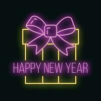 Concept christmas gift box icon yellow neon glow style, happy new year and merry christmas flat vector illustration, isolated on black.
