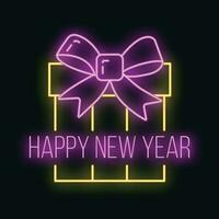 Concept christmas gift box icon yellow neon glow style, happy new year and merry christmas flat vector illustration, isolated on black.