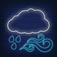 Cloud with rain and wind icon glow neon style, concept weather condition outline flat vector illustration, isolated on black. Brick background.