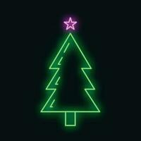 concepto Navidad abeto árbol icono con estrella verde neón resplandor estilo, contento nuevo año y alegre Navidad plano vector ilustración, aislado en negro.