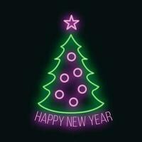 Concept christmas fir tree icon with star green neon glow style, happy new year and merry christmas flat vector illustration, isolated on black.