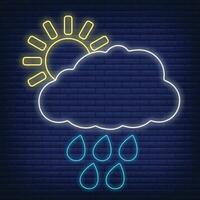 Sun cloud with rain icon glow neon style, concept weather condition outline flat vector illustration, isolated on black. Brick background.