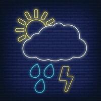 Cloud with lightning bolt thunder, rain icon glow neon style, concept weather condition outline flat vector illustration, isolated on black.