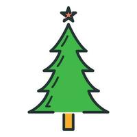 Concept happy new year, merry christmas tree icon, cartoon xmas label holiday winter time flat vector illustration, isolated on white.