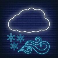 Cloud with wind snow, snowflake icon glow neon style, concept weather condition outline flat vector illustration, isolated on black.