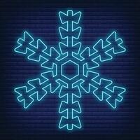 Snow snowflake icon glow neon style, concept weather condition outline flat vector illustration, isolated on black. Brick background.