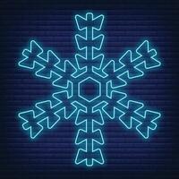 Snow snowflake icon glow neon style, concept weather condition outline flat vector illustration, isolated on black. Brick background.