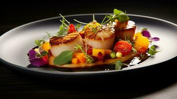 Dish of seafood featuring seared scallops, generated by artificial intelligence. photo