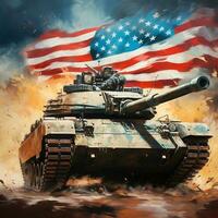 American tank with the flag as background during independence day, generated by artificial intelligence photo