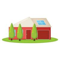 Cute red country house with tree, summer cottage building on green field modern cartoon vector illustration, isolated on white.