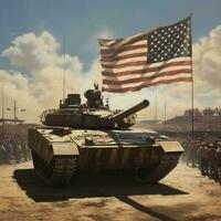 American tank with the flag as background during independence day, generated by artificial intelligence photo