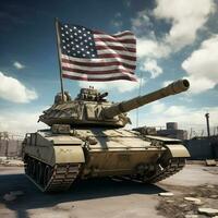 American tank with the flag as background during independence day, generated by artificial intelligence photo