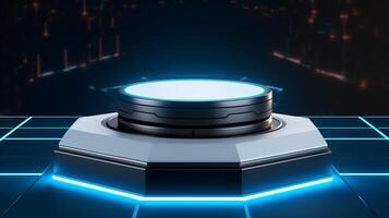 Futuristic 3D Podium with Blue Light for product presentation. photo