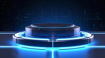 Futuristic 3D Podium with Blue Light for product presentation. photo
