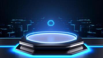 Futuristic 3D Podium with Blue Light for product presentation. photo