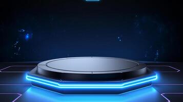 Futuristic 3D Podium with Blue Light for product presentation. photo