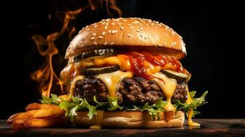 Mouthwatering burger, generated by artificial intelligence. photo