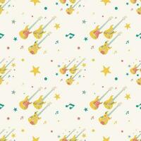 Vector seamless pattern with musical strings instruments, electric guitars, notes, stars and dots.