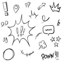 Vector set of hand-drawn cartoony expression sign doodle, curve directional arrows, emoticon effects design elements, cartoon character emotion symbols, cute decorative brush stroke lines.