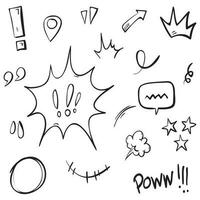 Vector set of hand-drawn cartoony expression sign doodle, curve directional arrows, emoticon effects design elements, cartoon character emotion symbols, cute decorative brush stroke lines.