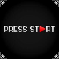 Press start icons in 8 bit pixel art. Show fonts for retro games in vector illustrations.