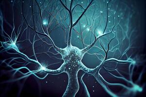 Neurons cells close up 3d render. Synapses and axones transmitting electrical signals. photo