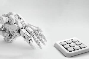 Robot can working on keyboard button, Artificial Intelligence, Robotic white hand. Futuristic technology concept. photo