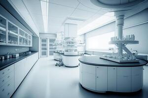 Modern Medical Research Laboratory Microscope, Glassware with Biochemicals on the Desk. Scientific Lab Biotechnology Development Center Full of High-Tech Equipment. photo