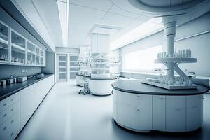 Modern Medical Research Laboratory Microscope, Glassware with Biochemicals on the Desk. Scientific Lab Biotechnology Development Center Full of High-Tech Equipment. Generative ai photo