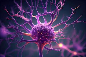 Neurons cells close up 3d render. Synapses and axones transmitting electrical signals. photo