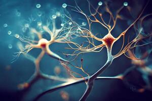 Neurons cells close up 3d render. Synapses and axones transmitting electrical signals. Generative ai photo