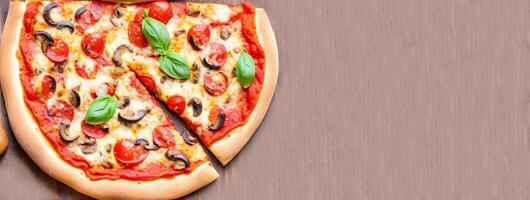 Italian pizza with tomato and mushrooms,copyspace.Generative ai photo