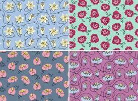 Set of seamless patterns with garden flower heads. vector