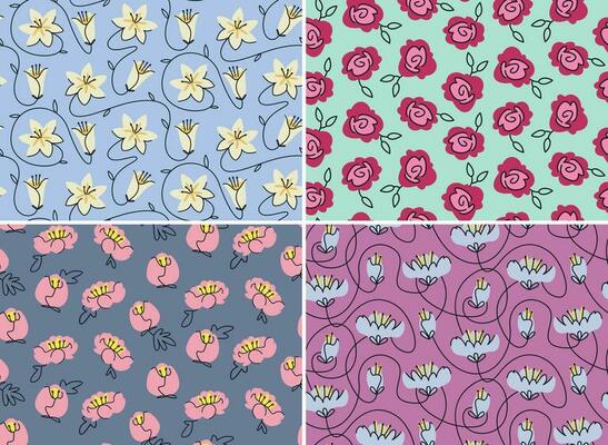 Set of seamless patterns with garden flower heads.