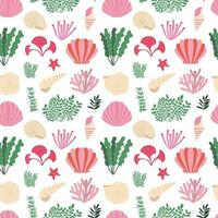 Vector flat algae, seashell and seaweed seamless pattern. Ocean herbs, seaweed, corals and shells on white background