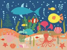 Vector underwater ocean landscape with corals, seaweeds, shells and fish. Flat aquatic ecosystem with coral little fish, octopus, algae, shark, globefish and shells.