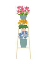 Flower bouquets on wooden staircase vector flat illustration