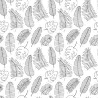 Tropical leaves black and white sketch seamless pattern. Hand drawn kinds of tropical leaves pattern. Monstera, palm leaf, banana leaf vector