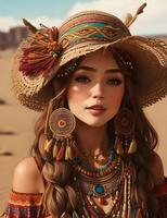 Photo of beautiful girl in desert hat on his head generative ai