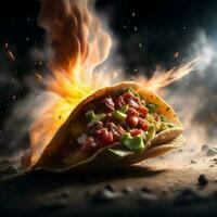 Homemade American Soft Shell Beef Tacos with Lettuce Tomato Cheese on wooden table smoke and fire background, image ai generate photo